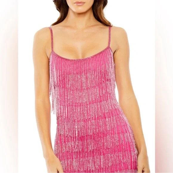 Mac Duggal 10006 Slim Strap Beaded Fringe Mini Slip Dress Sz Large NWT Hot Pink - Picture 2 of 4